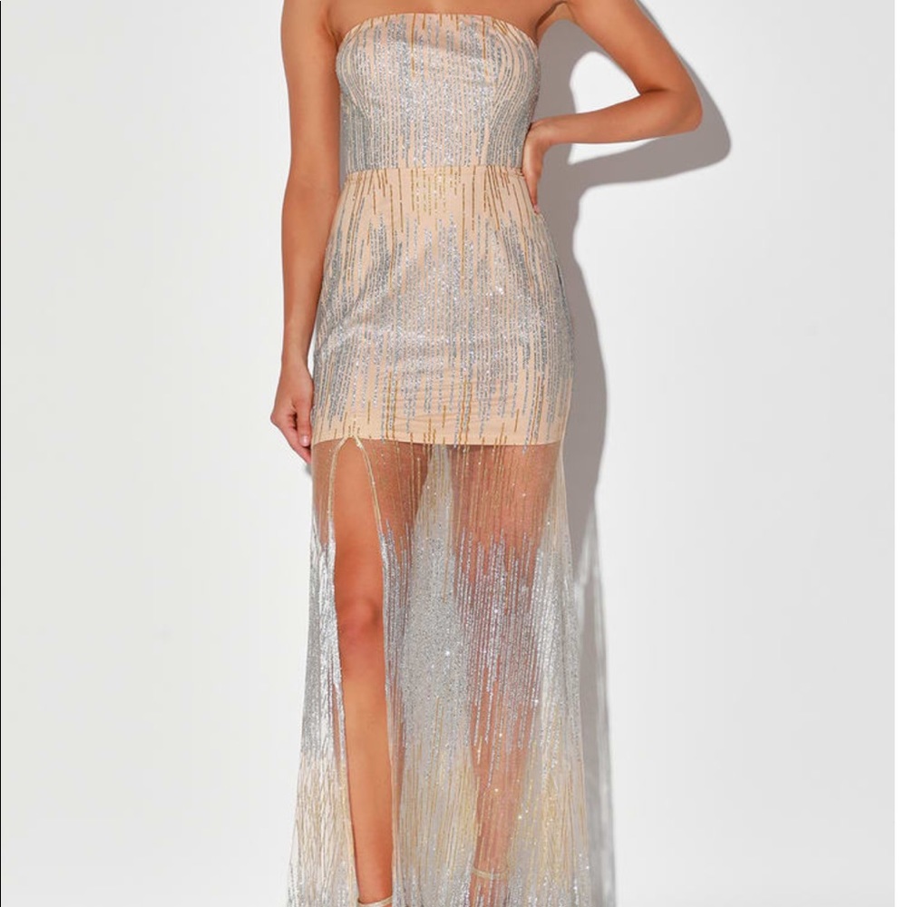 Beige glitter maxi dress LULUS